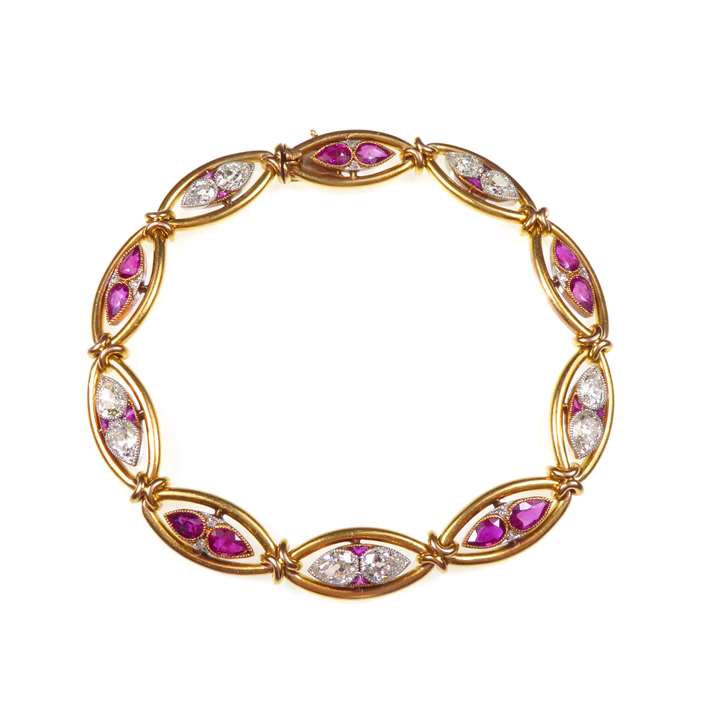 Antique ruby and diamond navette cluster link bracelet